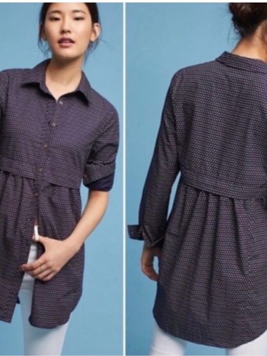 Maeve Tops - Anthropologie Maeve Navy and Dot Tunic length Button-down classic flattering SzM